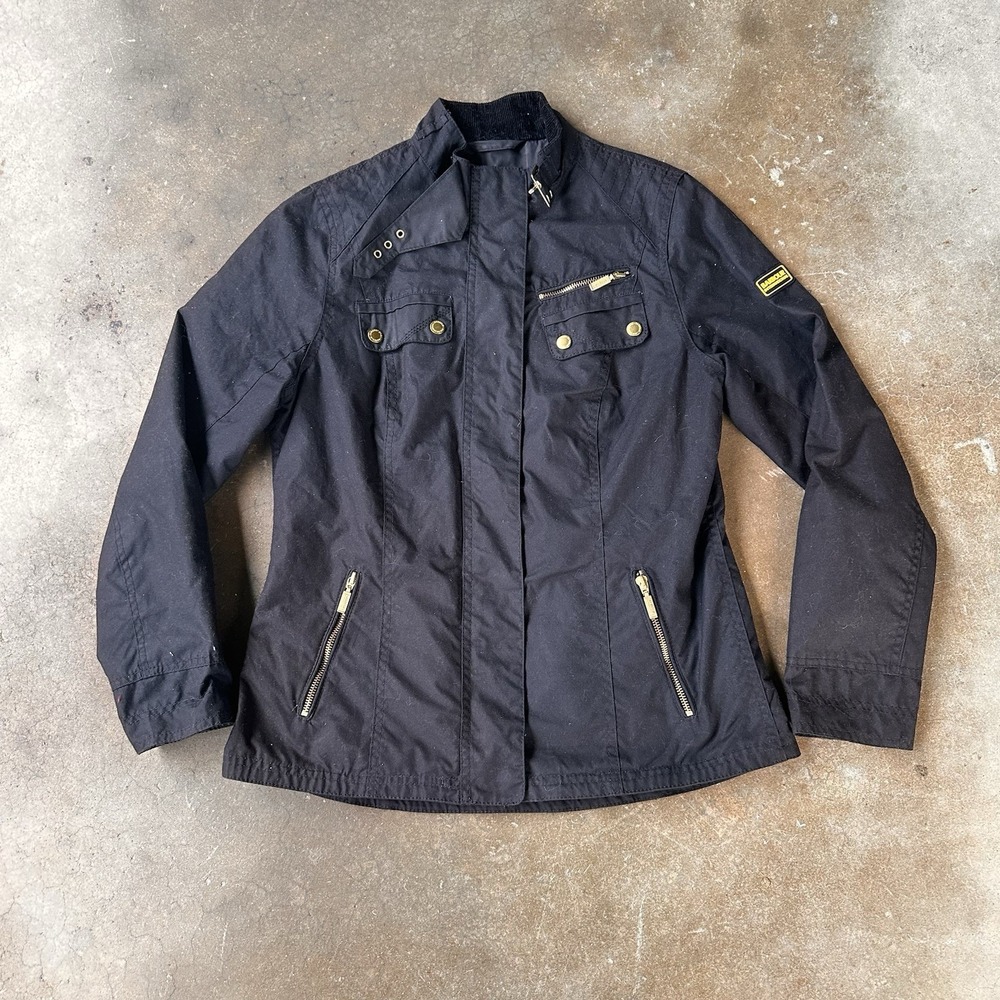 Barbour International Leader Wax Jacket Womens 8 Black FullZip Biker Coat Casual